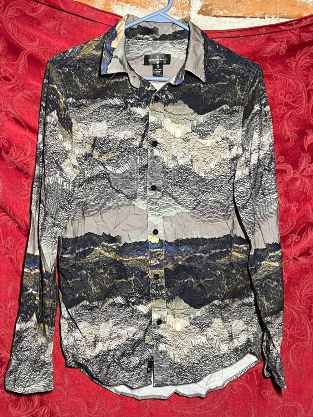 Houston White Men's Long Sleeve Button-Down Shirt Abstract Landscape Print Size
